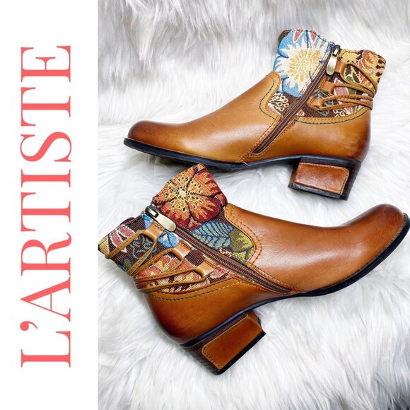 L’ARTISTE LEATHER ANKLE TAPESTRY BOOTIE TASSEL UNIQUE ARTISTIC BOHO, WOMEN’s 40 - Picture 15 of 16